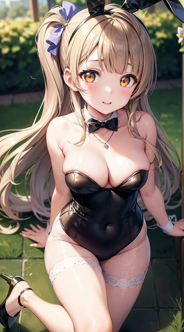 Minami Kotori, One side up, Hair Ribbon, masterpiece, Highest quality, High resolution, unity 8k wallpaper, figure, Detailed eyes, Highly detailed face, Extremely detailed CG, Glossy Lips, light makeup, Are standing, necklace, (garden), strapless leotard, Fishnet tights, (Bunny girl), High heels
