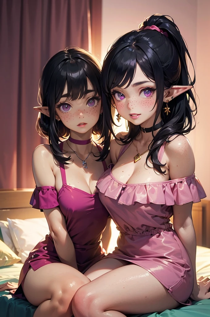 ((Best quality)), ((masterpiece)), (detailed: 1.3)

Beautiful woman, one girl, very detailed eyes, very detailed hair, very detailed clothes, very detailed face.

((Purple eyes)), ((black hair, ponytail hairstyle, wavy hair, long bangs)), ((elf ears)), earrings, piercing, tanned skin, ((pink short dress, off shoulders)), large breasts, cleavage, open clothes, thick ass, choker, necklace, beautiful eyelashes, sultry eyes, juicy lips, soft blush, smooth skin, freckles, natural eyebrows, smiling.

Posing sexily, provocative, looking at viewer, in love with viewer, cinema lighting, sitting, bedroom, pink walls.