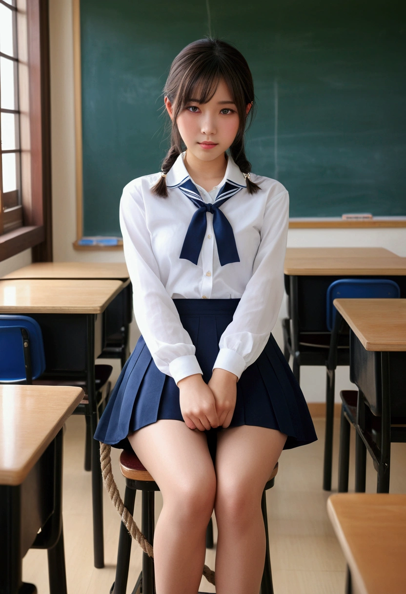 ((highest quality, masterpiece :1.3)), Photorealistic、Ultra-high resolution、Natural skin texture、Hyperrealism、Photograph from the knee up、17 year old Japanese beautiful girl、Shapely breasts、High white collared blouse、Dark navy blue mini skirt、Hands bonded with rope、Legs bonded with rope、Sad look、Panting、In the classroom