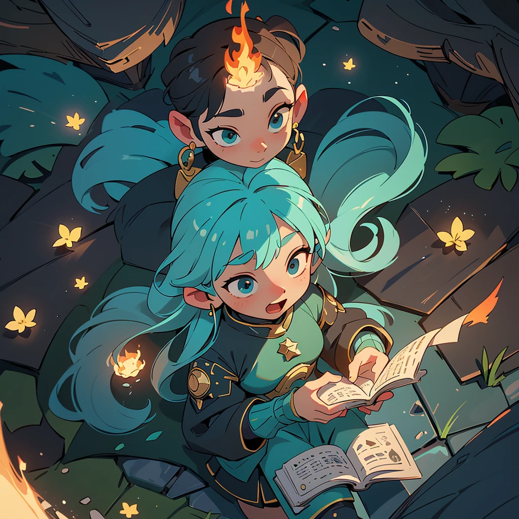 2D stylized image of artists at a park, reading, writing, painting, creating sculptures, friends, fun, inspirational, masterpiece, seen from above, many diverse people, different races and styles, fantastical looking, bird eye view, playing with fire, starry night, magical, making art, many people, fun