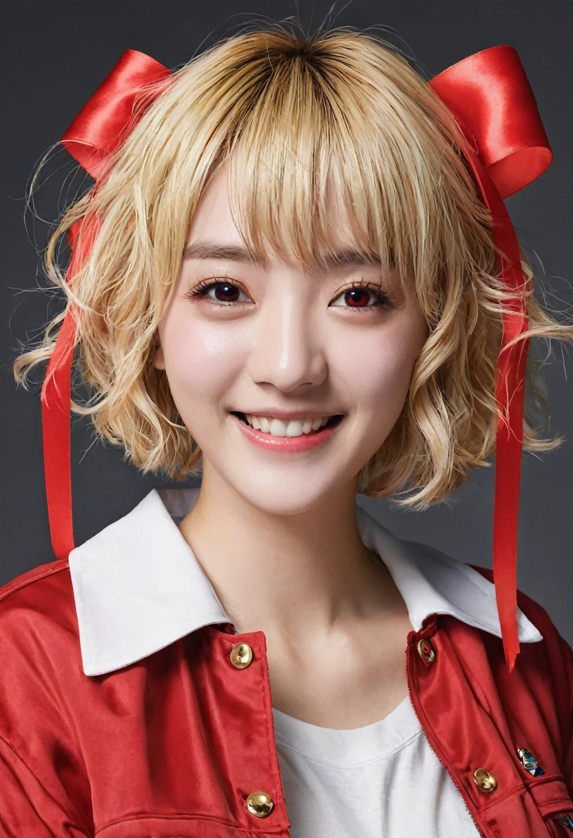 high quality, 最high quality, masterpiece, Absurd, red_Jacket, ribbon, red_eye, blonde_hair, short_hair, hair_ribbon, smile, One girl, Torn clothes, cloth,  
