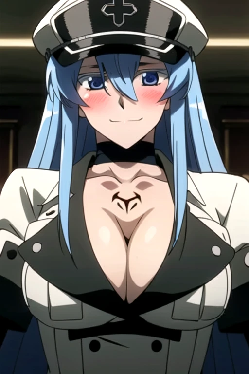 Esdeath, smile, blush, breasts, large breasts, hat, cleavage, choker, hair between eyes, uniform, military, military uniform, tattoo, peaked cap, chest_tattoo, indoors, (simple dark background)