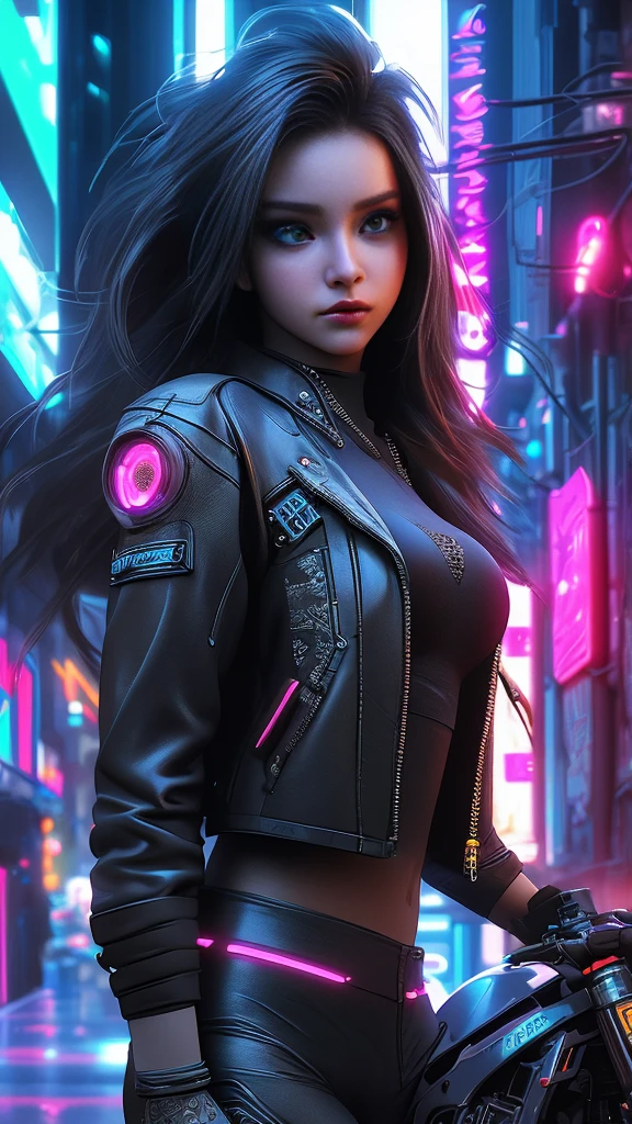A beautiful cyberpunk girl in a black leather jacket, flowing silky hair, detailed face, piercing eyes, ambient neon city background, cinematic lighting, intricate machinery, glowing tech elements, hyper realistic, 8K, photorealistic, masterpiece