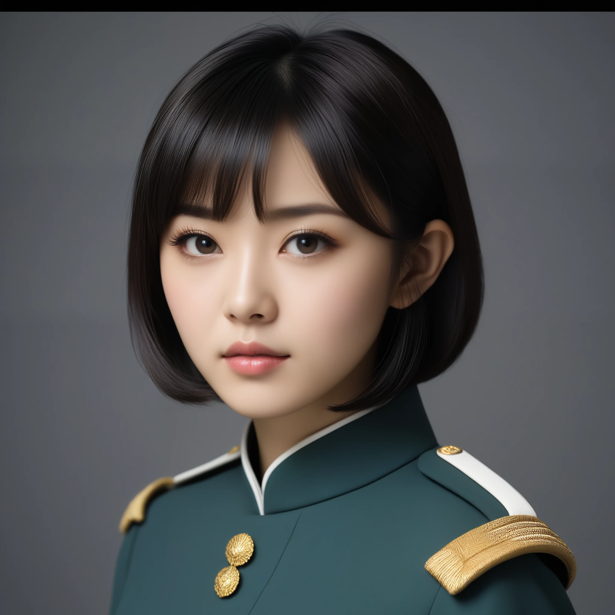 8k, Ultra-high resolution, Highest quality, masterpiece, 三分割法によるphotograph,Surreal, photograph, 1 Girl, (:1.3), pretty girl, Cute Face, Beautiful eyes in every detail, 細かくdetailedに,masterpiece,One Girl:1.2,Japanese female officer,Superior non-commissioned officer,extream close up,Serious expression,Black short hair,Bob with bangs, (The finest ceremonial attire:1.3),Pencil Skirt,Sharp contours,Looking down,Gray background, Light from above, Low contrast, (Side view),Perfect and beautiful face ,完璧でCute Face, Skin with attention to detail, Perfect limbs、Narrow waist,Looking at the audience,(((Ideal body type))),A cup small breasts :2,Portraiture:2,Perfect Anatomy,鮮明なdetailed,detailed,Surreal,Light and shadow,glowing