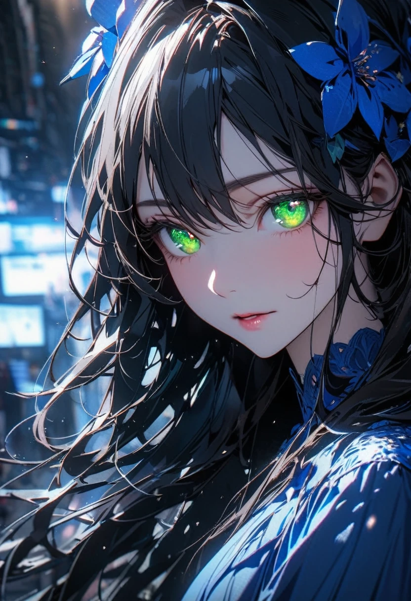 girl, black hair, long hair, green eyes, ,blue hair ornament pretty, blue dress, ,beautiful eyes, mature, super detail, beautiful color, 8K, glowing eyes, macro picture, peerless beauty, pretty