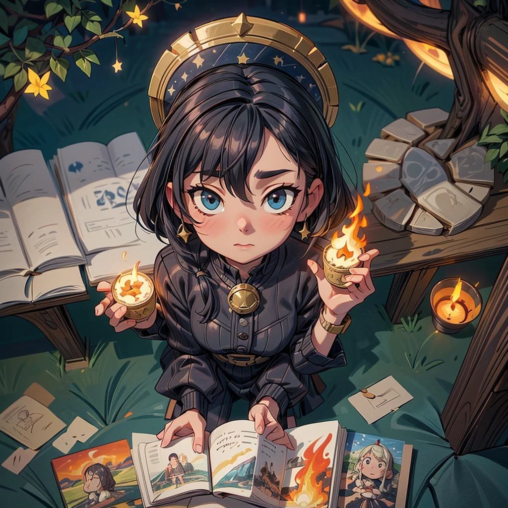 2D stylized image of artists at a park, reading, writing, painting, creating sculptures, friends, fun, inspirational, masterpiece, seen from above, many diverse people, different races and styles, fantastical looking, bird eye view, playing with fire, starry night, magical, making art