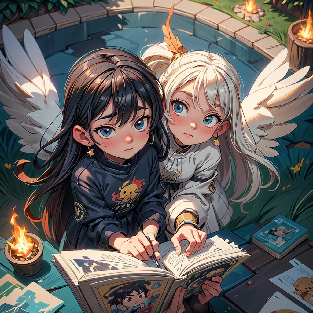 2D stylized image of artists at a park, reading, writing, painting, creating sculptures, friends, fun, inspirational, masterpiece, seen from above, many diverse people, different races and styles, fantastical looking, bird eye view, playing with fire, starry night, magical, making art