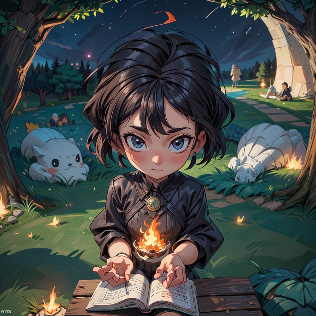 2D stylized image of artists at a park, reading, writing, painting, creating sculptures, friends, fun, inspirational, masterpiece, seen from above, many diverse people, different races and styles, fantastical looking, bird eye view, playing with fire, starry night, magical, making art