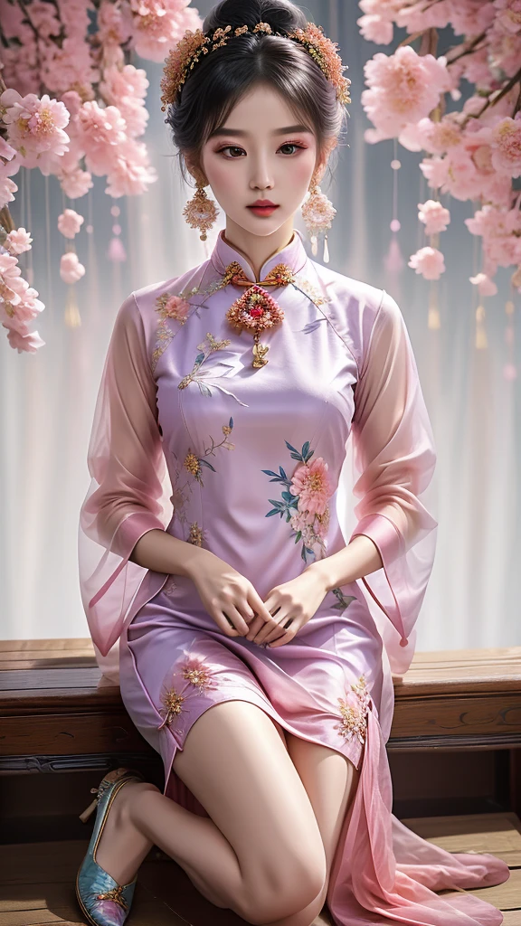 Modern Chinese cheongsam fashion design, A beautiful girl wearing a pastel lace gown, with a complete body (Pink, purple, blue, Light green, Peach brown), A combination of warm and cool colors, Create a colorful and extraordinary picture. Chinese cheongsam patterns include magpies, peanut, and pomegranate, There is a pattern, plaque, stripe, and dots. Embroidery adds beauty to cheongsam, The composition of Cantonese embroidery is complex but not confusing., Hunan embroidery takes Chinese landscape painting as its theme. Embroidering Flowers can produce fragrance, Birds can hear sounds, And the embroiderer can be lifelike, Precise and rigorous. Su embroidery is "flat, Light, , harmonious, Light滑的, beautiful, and dense", hand carved There is a pattern of dragons and phoenixes, As one wishes, Flowers, ETC. Cheongsam placket style is single, double, and diagonal, Pair it with some beautiful jewelry, earrings, necklace, shoe, and bags, highLighting individual charm and matching the overall shape,