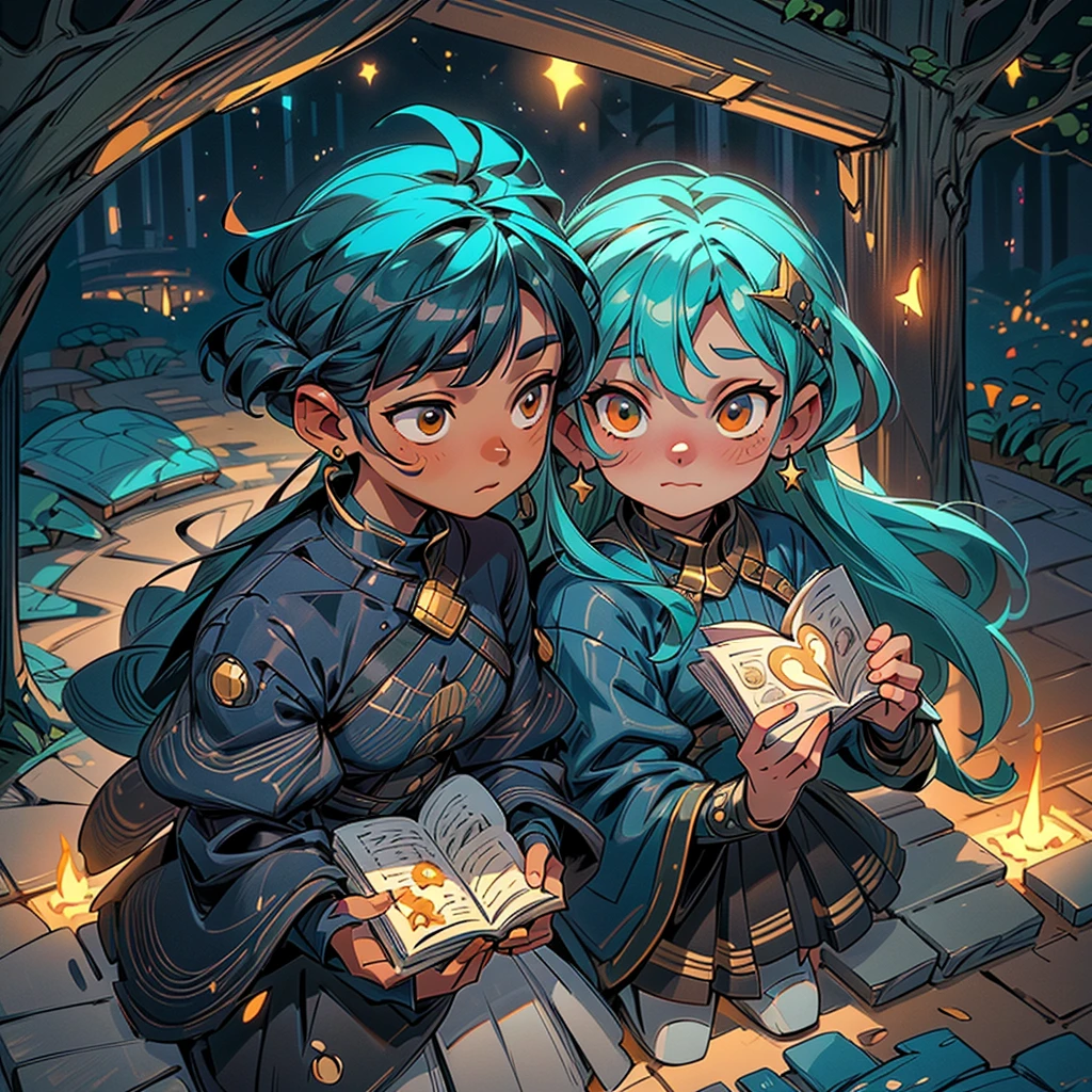 2D stylized image of artists at a park, reading, writing, painting, creating sculptures, friends, fun, inspirational, masterpiece, seen from above, many diverse people, different races and styles, fantastical looking, bird eye view, playing with fire, starry night, magical, making art