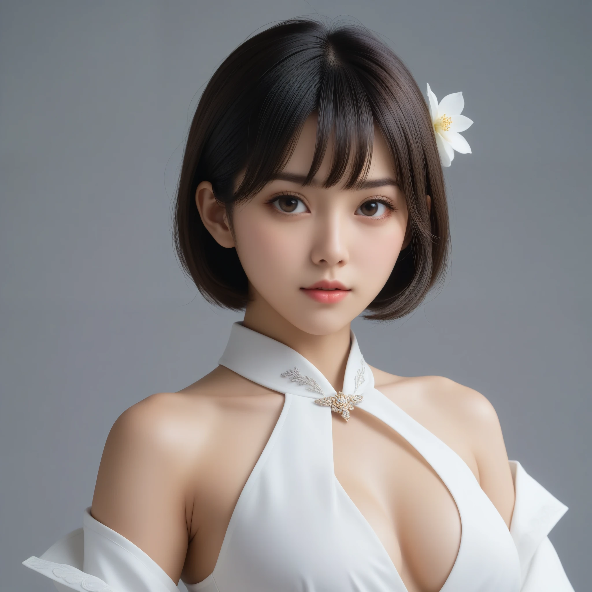 8k, Ultra-high resolution, Highest quality, masterpiece, 三分割法によるphotograph,Surreal, photograph, 1 Girl, (:1.3), pretty girl, Cute Face, Beautiful eyes in every detail, 細かくdetailedに,masterpiece,One Girl:1.2,Japanese female officer,Superior non-commissioned officer,extream close up,Serious expression,Black short hair,Bob with bangs, (The finest ceremonial attire:1.3),Pencil Skirt,Sharp contours,Looking down,Gray background, Light from above, Low contrast, (Side view),Perfect and beautiful face ,完璧でCute Face, Skin with attention to detail, Perfect limbs、Narrow waist,Looking at the audience,(((Ideal body type))),A cup small breasts :2,Portraiture:2,Perfect Anatomy,鮮明なdetailed,detailed,Surreal,Light and shadow,glowing