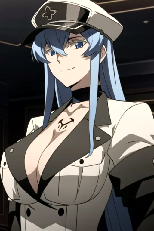 Esdeath, smile, breasts, large breasts, hat, cleavage, choker, hair between eyes, uniform, military, military uniform, tattoo, peaked cap, chest_tattoo, indoors, (simple dark background)