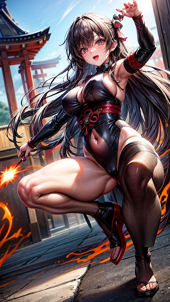 "A beautiful woman strikes an iaijutsu pose with the majestic backdrop of a shrine. The composition shows her full body, and her sharp eyes glow red, emanating a sense of mysterious power."