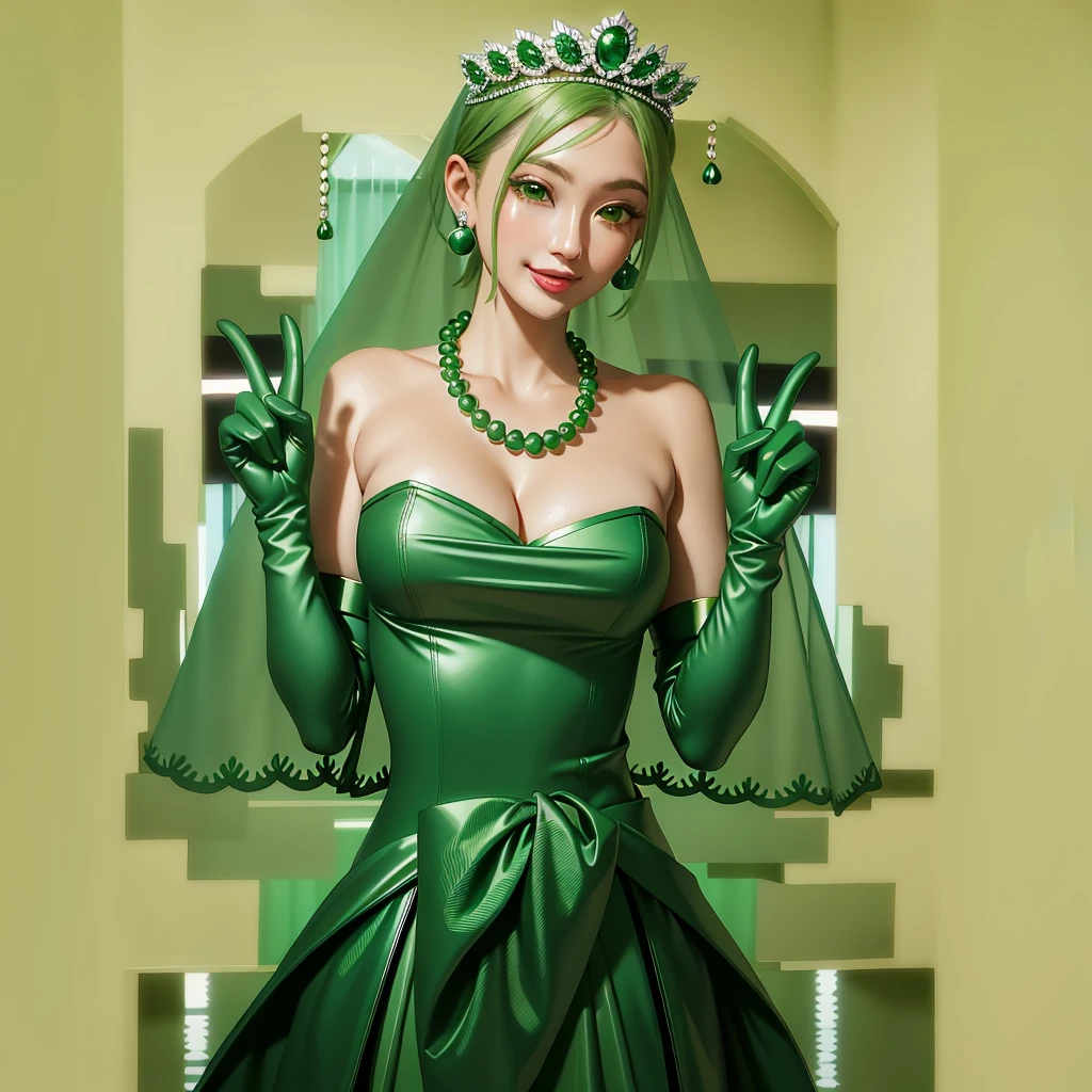 Emerald tiara, Green Pearl Necklace, ボーイッシュな非常に短いGreen Hair, Green Lips, Smiling Japanese woman, Very short hair, Busty beautiful lady, Green Eyes, Green satin long gloves, Green Eyes, Emerald Earrings, Green veil, all, Green Hair, Beautiful Japanese Woman, green lip gloss
