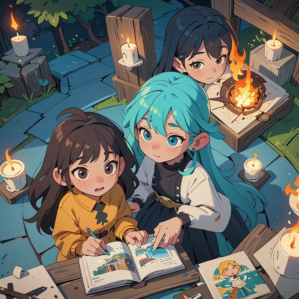 2D stylized image of artists at a park, reading, writing, painting, creating sculptures, friends, fun, inspirational, masterpiece, seen from above, many diverse people, different races and styles, fantastical looking, bird eye view, playing with fire,