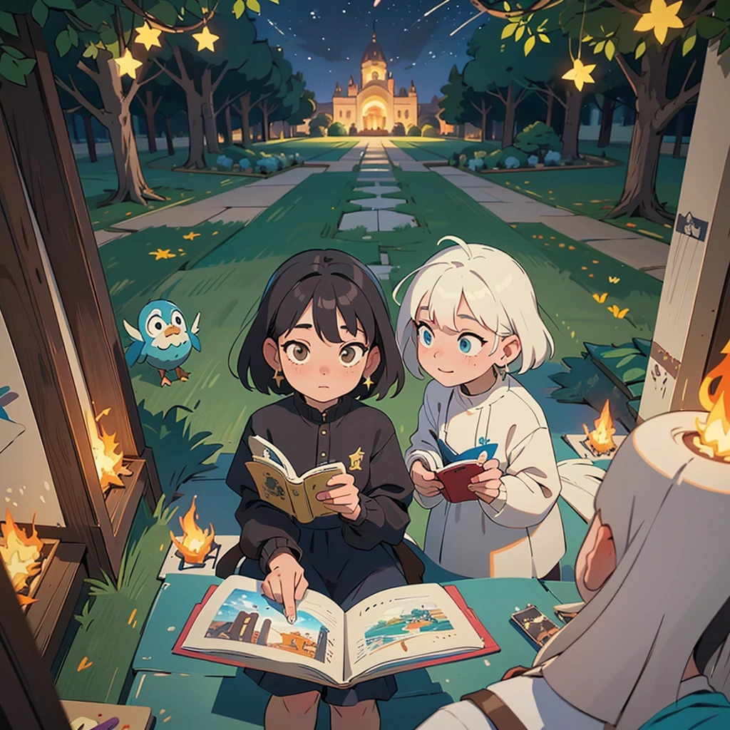 2D stylized image of artists at a park, reading, writing, painting, creating sculptures, friends, fun, inspirational, masterpiece, seen from above, many diverse people, different races and styles, fantastical looking, bird eye view, playing with fire, starry night, magical, making art, painting together, canvases, 4 people