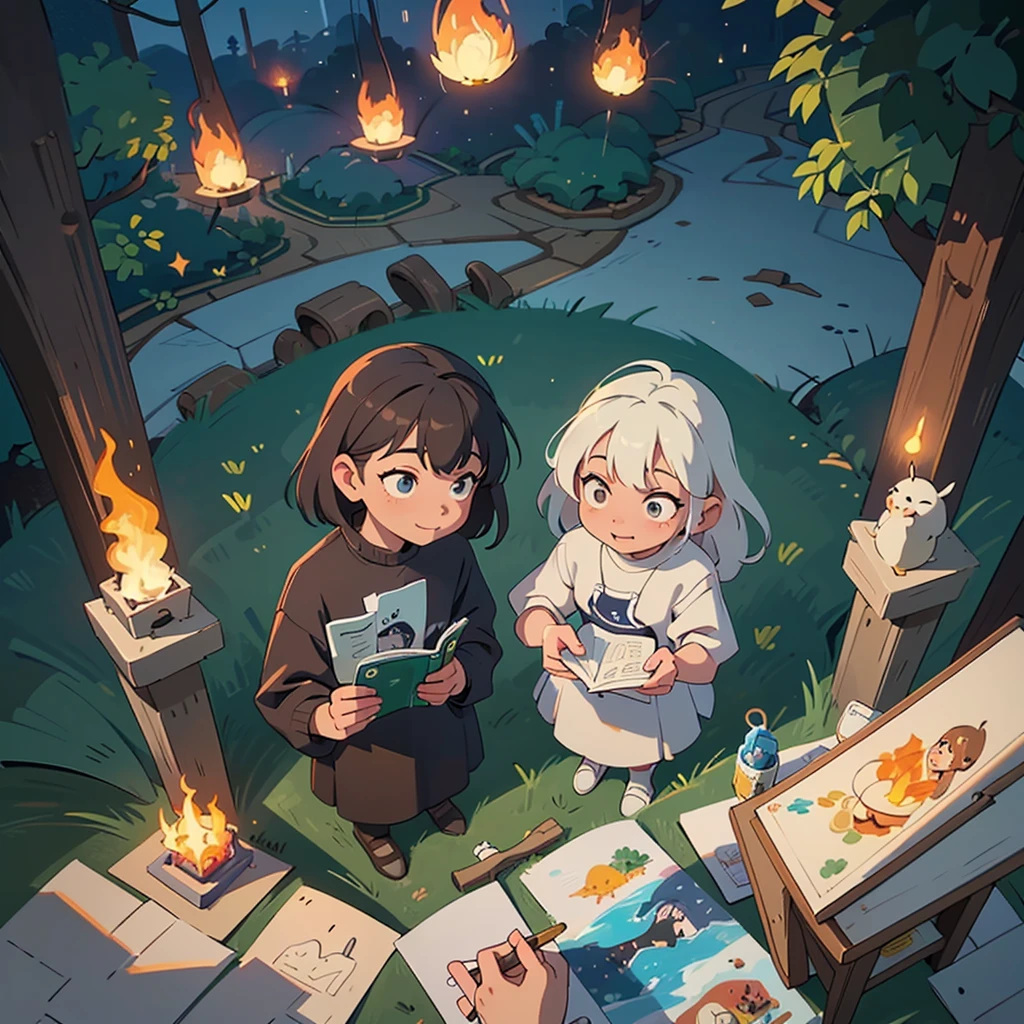 2D stylized image of artists at a park, reading, writing, painting, creating sculptures, friends, fun, inspirational, masterpiece, seen from above, many diverse people, different races and styles, fantastical looking, bird eye view, playing with fire, starry night, magical, making art, painting together, canvases, 4 people