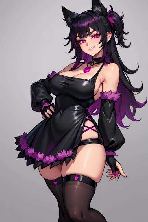 female, black long hair with magenta trim, silver eyes, wolf ears, wolf tail, (((1girl))), (((black and magenta toga dress))), (black detached sleeves), (black fingerless gloves), (black stockings), (black heels), (gold jewelry), cute and sexy, full body, large breasts, long legs, smiling