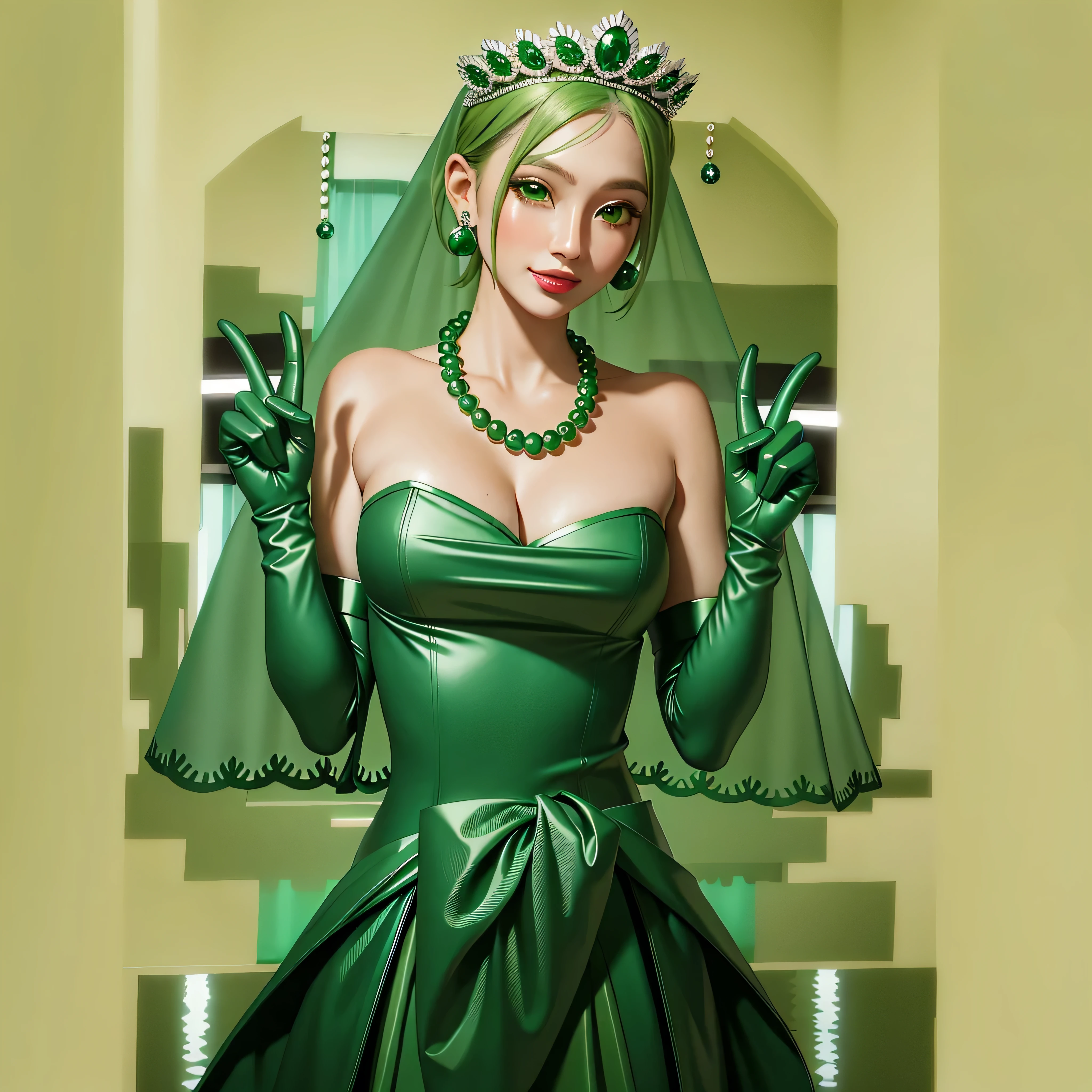 Emerald tiara, Green Pearl Necklace, Boyish very short green hair, Green Lips, Smiling Japanese woman, Very short hair, Busty beautiful lady, Green Eyes, Green satin long gloves, Green Eyes, Emerald Earrings, Green veil, all of, Green Hair, Beautiful Japanese Women, green lip gloss