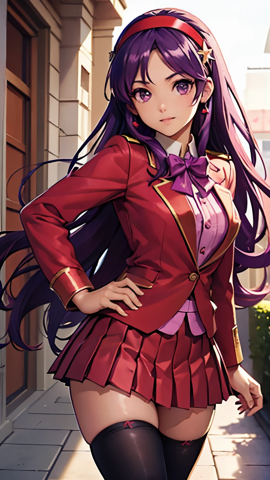 Athena Asamiya，((Beautiful purple long hair，Red headband))，(8k，Realistic，RAW Photos，Highest quality:1.5)，Beautiful Face，Realistic lips，Beautiful and detailed hair，Charm，Intricate details，Beautifully detailed eyes，A soft smile，Healing facial expressions，(Red Blazer Uniform，Pleated mini skirt，Black Tin High Stockings:1.5)，Intricate details，Supermodel，(Full Shot:1.2)，Panty shot，Detailed Pixels