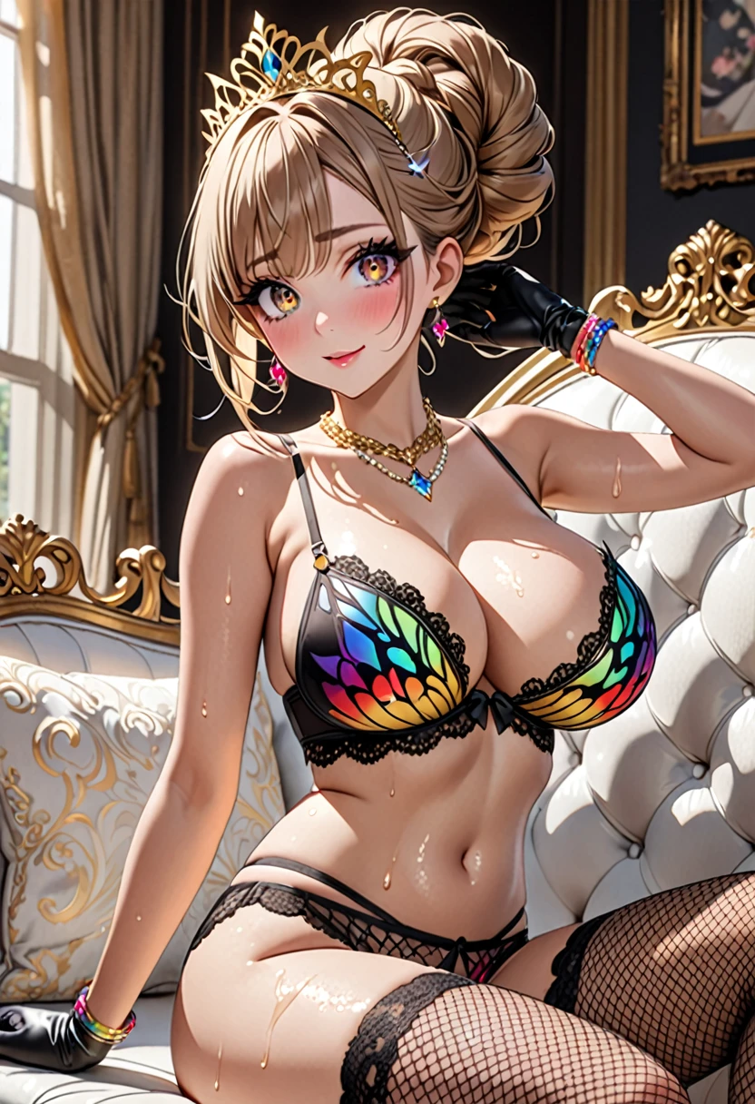 (((Highest quality, Ultra-high resolution、The most complex and detailed depiction)))、((masterpiece:1.3)), (8k, RAW Photos, Best image quality: 1.4), (Very detailedな顔、Attention to detail、Cute woman:1.4),(Realistic:1.4) (8k, RAW Photos,), (photo-Realistic:1.4), Very detailed, Beautiful attention to detail, (Face Focus、Cowboy Shot、girl:1.3)、(Embarrassing、He looks at me with a sad expression、Ecstatic expression,blush)、(Dark eyeliner、Eyelash length、False eyelashes、double eyelid),((Brown eyes)),(hostess:1.2),((A bra with a pale rainbow gradient butterfly pattern)、(Light rainbow gradient butterfly pattern panties))、(Gorgeous ruby necklace、Large gold earrings)、(Gold bracelet、A gorgeous gold tiara studded with jewels)、((Sheer black lace dresesh fabric、Fishnet tights),(Black opera gloves)),(Huge breasts:1.6)、(Cleavage:1.2)、(((Light brown hair、Braided Hair、((Tie your hair up,Give hair))、Gal-style makeup、(Dark eyeliner、Black eyeliner、Heavy eye makeup、Eyelash length、False eyelashes、Eyelash length)、(Slit eyes、Large pupils)、elongated nose、Heavy makeup、Face with gills、(((Perfect Style)))、Spread your legs座る、Spread your legs、(Saggy breasts、Large saggy breasts)、((Sweat、Your body is wet))、(((Luxurious white sofa、Spread your legs座っている)))