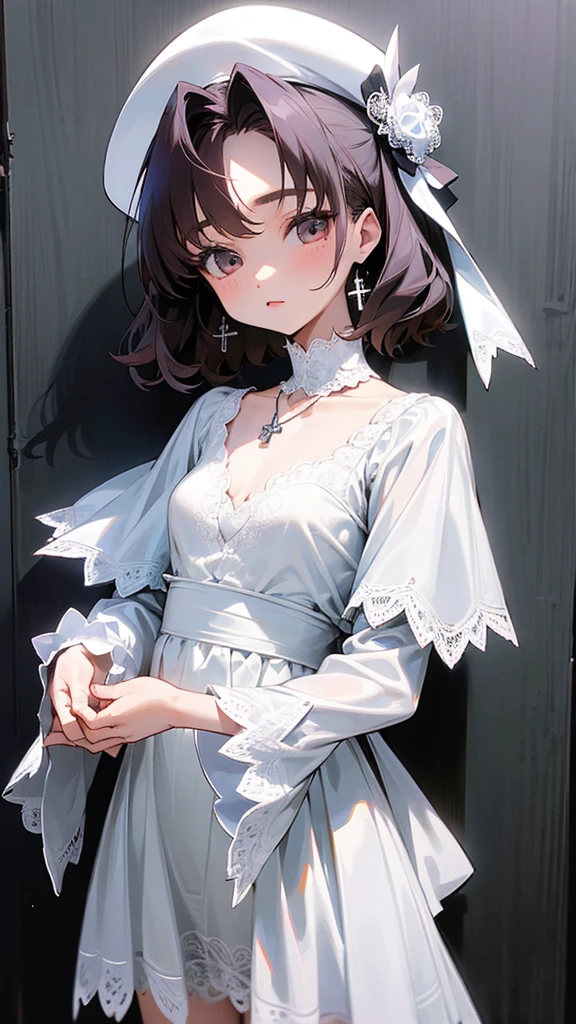 Akina Nakamori、(White lace dress).、cute、White cross necklace on chest、Gothic style、Small hat、sharp.cute、Beautiful woman、(Strong details).