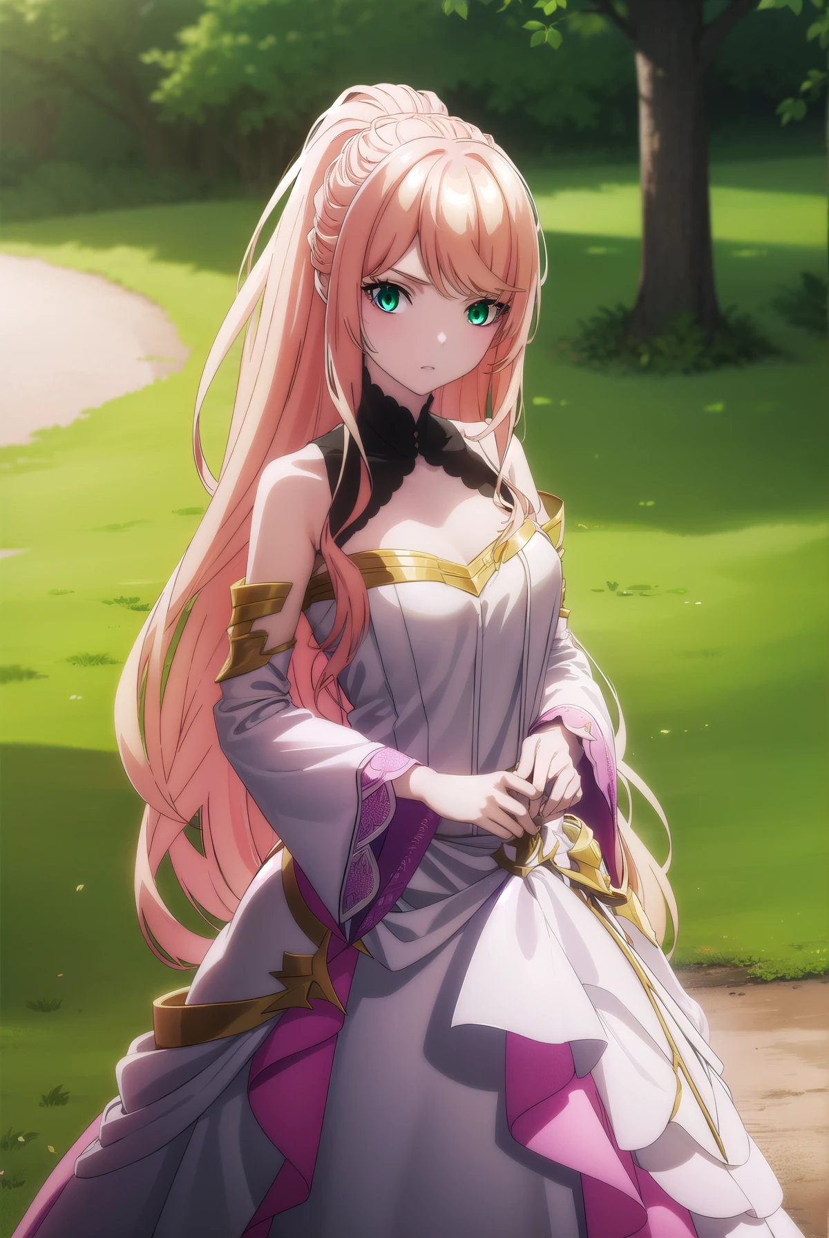 lexiavonarselia, lexia von arselia, long hair, blonde hair, (green eyes:1.5), ponytail, pink hair, big breast, visible chest, large breast, BREAK dress, bare shoulders, detached sleeves, white dress, BREAK looking at viewer, full body, BREAK outdoors, forest, nature, BREAK (masterpiece:1.2), best quality, high resolution, unity 8k wallpaper, (illustration:0.8), (beautiful detailed eyes:1.6), extremely detailed face, perfect lighting, extremely detailed CG, (perfect hands, perfect anatomy),