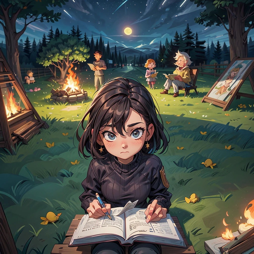 2D stylized image of artists at a park, reading, writing, painting, creating sculptures, friends, fun, inspirational, masterpiece, seen from above, many diverse people, different races and styles, fantastical looking, bird eye view, playing with fire, starry night, magical, making art