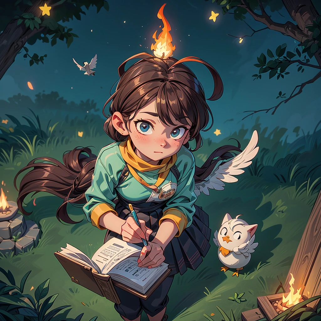 2D stylized image of artists at a park, reading, writing, painting, creating sculptures, friends, fun, inspirational, masterpiece, seen from above, many diverse people, different races and styles, fantastical looking, bird eye view, playing with fire, starry night, magical, making art