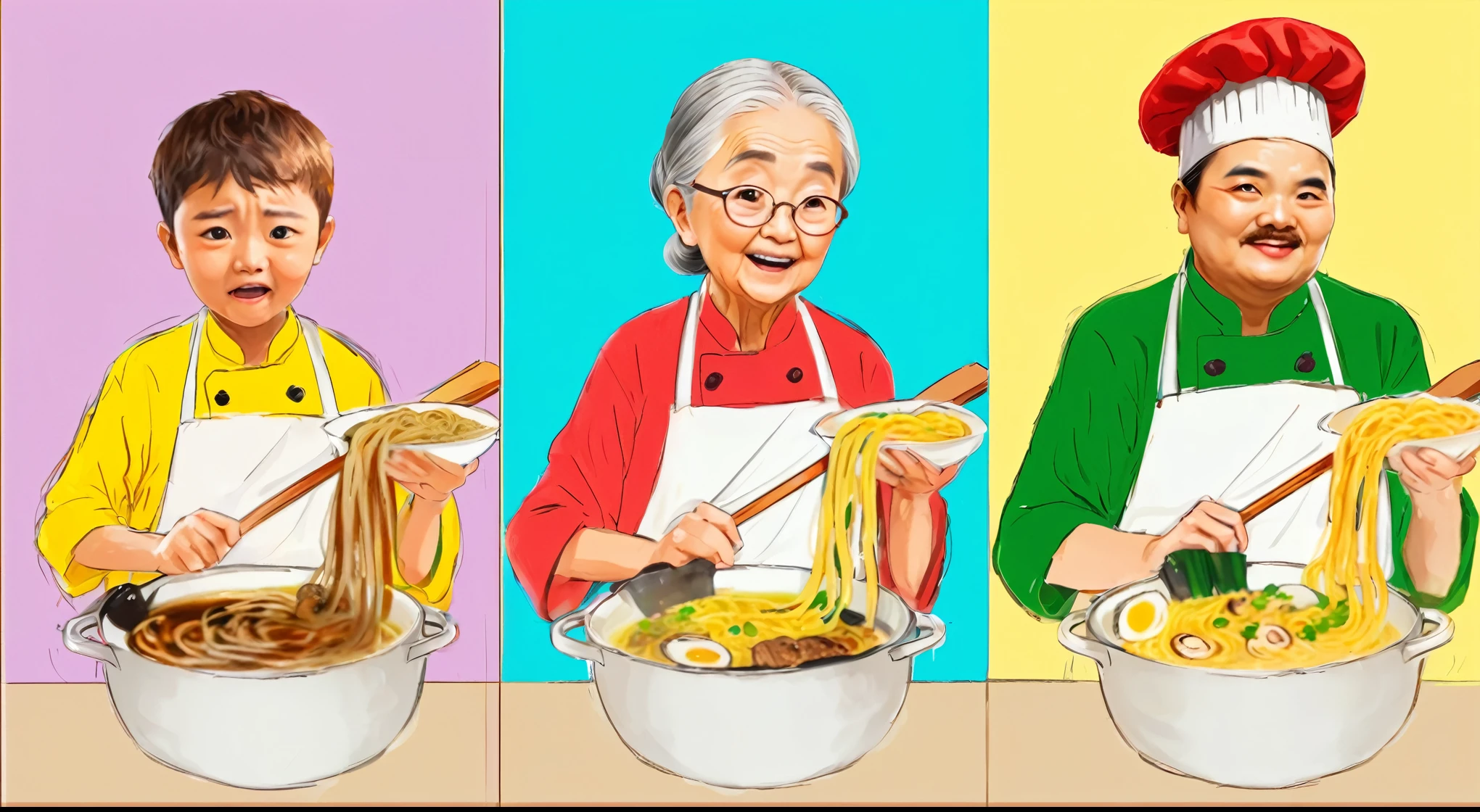 3 images in one, first image, grandson stands with a spoiled, burnt ramen, the first picture shows the spoiled noodles the second picture,  grandma with homemade ramen, cute, cute noodles, cute ramen, beautiful third image, chef with professional ramen, unusual noodles, elite ramen digital painting