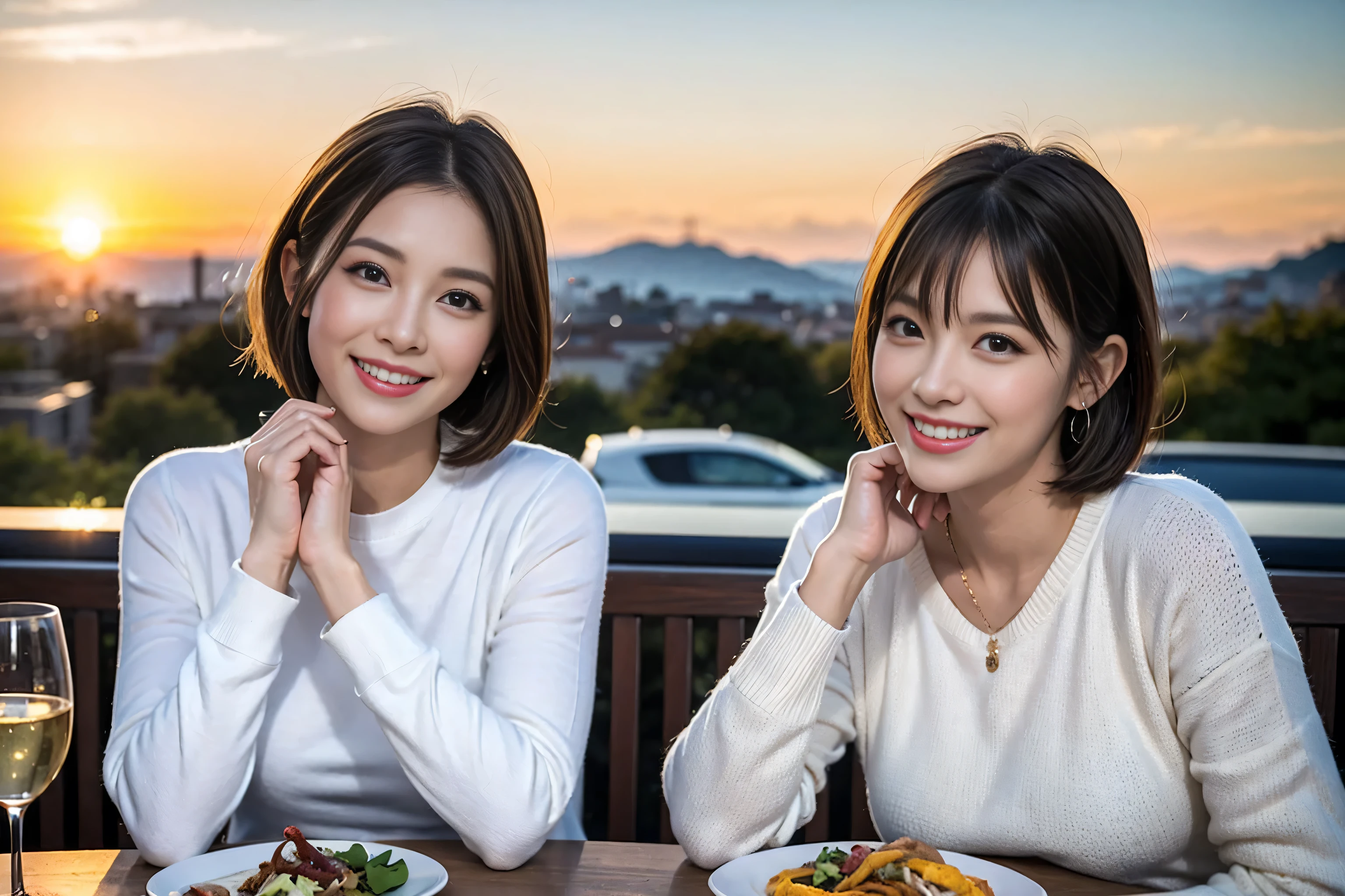 (Realistic:1.1),(masterpiece,Highest quality),8k,(49 years old), 53 years old, ベリーslimボディ、slimカップル、Tight waist,Upper Body,full-course dinner、wine 、Amazing view of the sunset sky and clouds、Perfect Anatomy, Brown Hair, short hair,Random Hairstyles,((Highly detailed face and eyes:1.2)),Perfect golden ratio face,Long sleeve shirt、dress,(smile:1.2)、Shortcuts、cute、(Realistic, Intricate details:1.2), A bright smile、short hair,Bright Face、赤wine 、Appetizers、Italian food、wine bottle、Champagne、スパークリングwine、(slimな顔), (The body is slim), (Brown Hair), (Shortcuts), Upper Body, 白wine, slim, wineグラス,