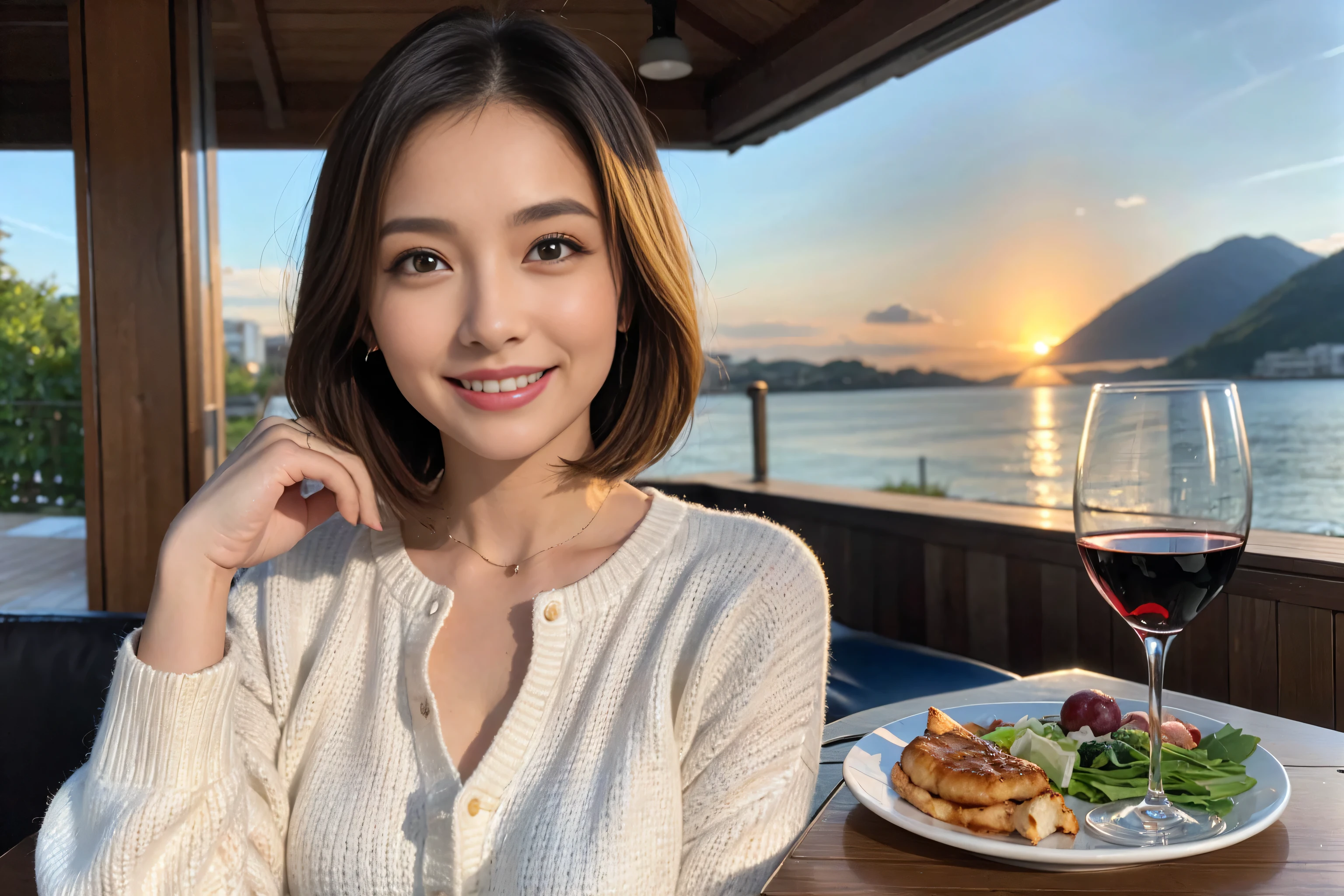 (Realistic:1.1),(masterpiece,Highest quality),8k,(49 years old), 53 years old, ベリーslimボディ、slimカップル、Tight waist,Upper Body,full-course dinner、wine 、Amazing view of the sunset sky and clouds、Perfect Anatomy, Brown Hair, short hair,Random Hairstyles,((Highly detailed face and eyes:1.2)),Perfect golden ratio face,Long sleeve shirt、dress,(smile:1.2)、Shortcuts、cute、(Realistic, Intricate details:1.2), A bright smile、short hair,Bright Face、赤wine 、Appetizers、Italian food、wine bottle、Champagne、スパークリングwine、(slimな顔), (The body is slim), (Brown Hair), (Shortcuts), Upper Body, 白wine, slim, wineグラス,