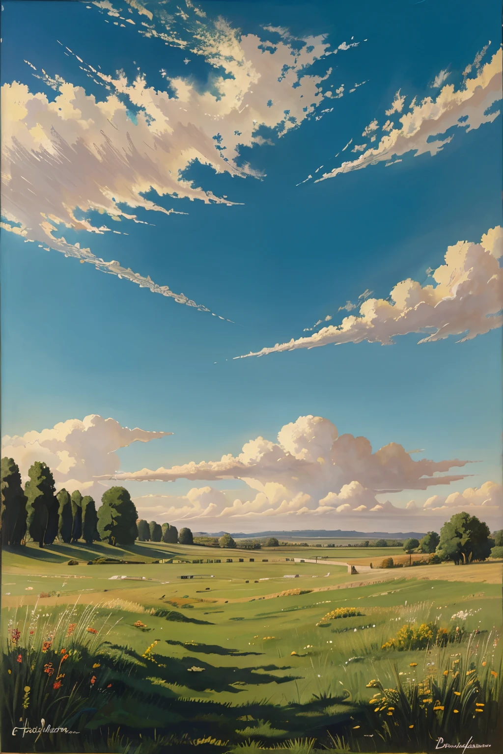 Painting of grass, sky, bright atmosphere