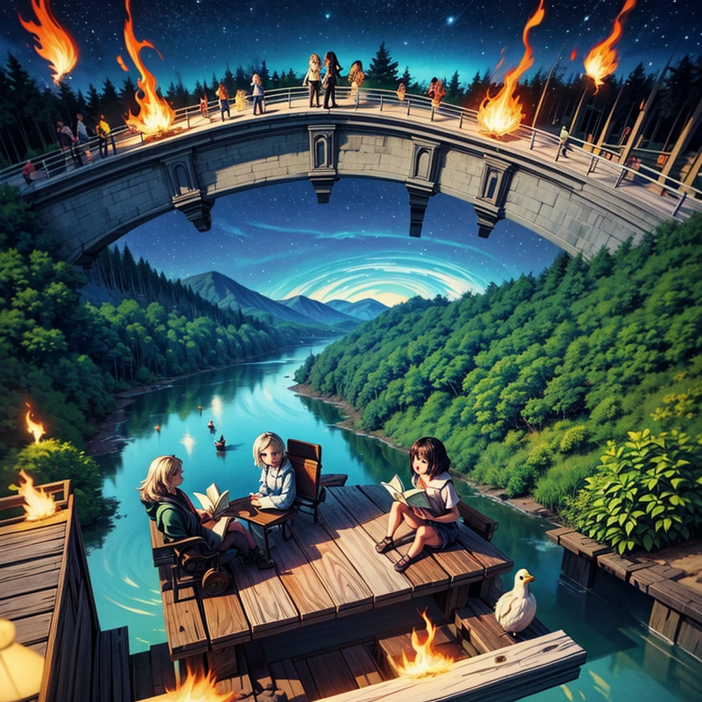 2D stylized image of artists at a park, reading, writing, painting, creating sculptures, friends, fun, inspirational, masterpiece, seen from above, many diverse people, different races and styles, fantastical looking, bird eye view, playing with fire, starry night, magical, making art