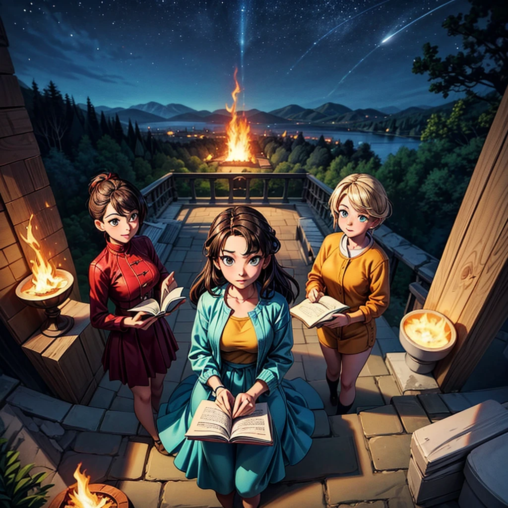 2D stylized image of artists at a park, reading, writing, painting, creating sculptures, friends, fun, inspirational, masterpiece, seen from above, many diverse people, different races and styles, fantastical looking, bird eye view, playing with fire, starry night, magical, making art