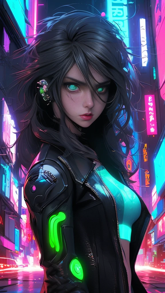 Beautiful cyberpunk girl in black leather jacket, flowing silky hair, detailed face, beautiful detailed eyes, piercing eyes, neon city background, cinematic lighting, complex technology, glowing technical elements, masterpiece