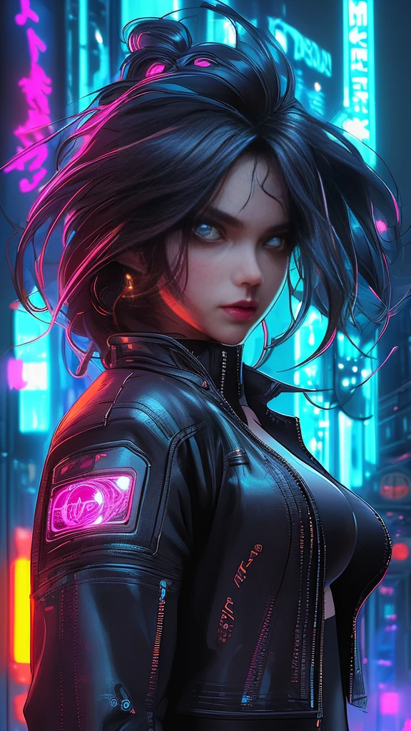 Beautiful cyberpunk girl in black leather jacket, flowing silky hair, detailed face, beautiful detailed eyes, piercing eyes, neon city background, cinematic lighting, complex technology, glowing technical elements, masterpiece