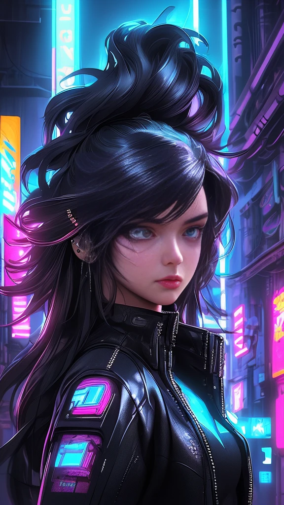 Beautiful cyberpunk girl in black leather jacket, flowing silky hair, detailed face, beautiful detailed eyes, piercing eyes, neon city background, cinematic lighting, complex technology, glowing technical elements, masterpiece
