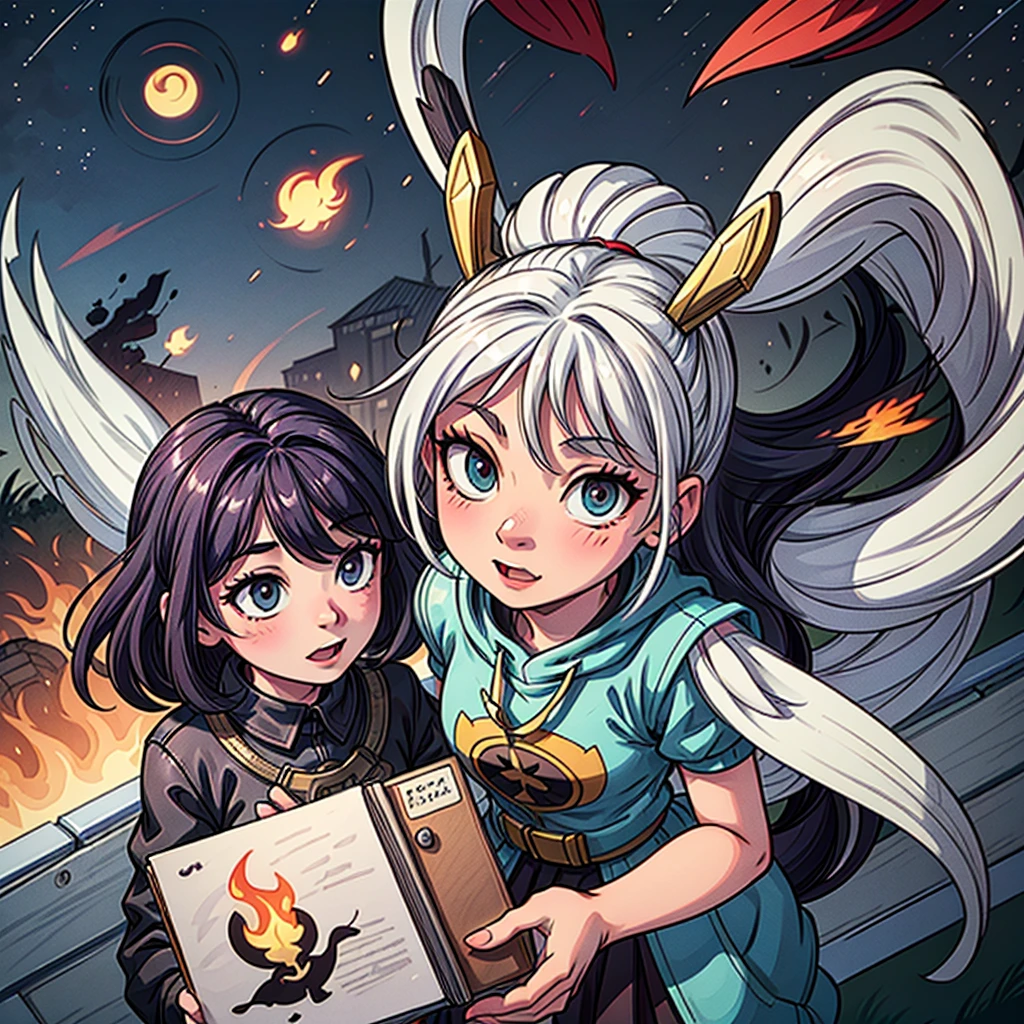 2D stylized image of artists at a park, reading, writing, painting, creating sculptures, friends, fun, inspirational, masterpiece, seen from above, many diverse people, different races and styles, fantastical looking, bird eye view, playing with fire, starry night, magical, making art