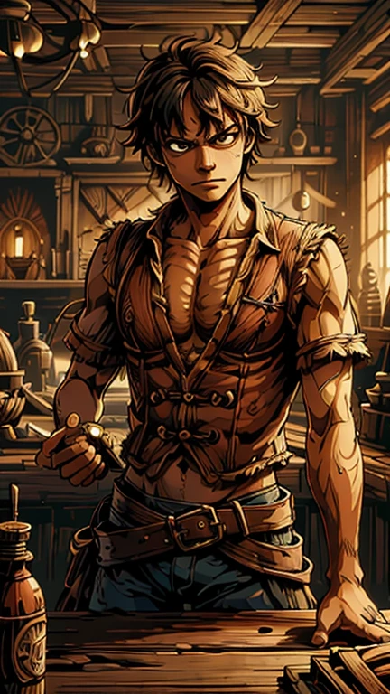 (1man, MDLuffy), (extremely detailed CG unit 8k wallpaper),(master part), (best quality), (ultra detail), (best illustration),(style of Dan Mumford), cowboy shot, (Sharp eyeliner, ombre, detail eyes:1), dark tavern interiors background, ,break , (salvagepirateworld), upper body,