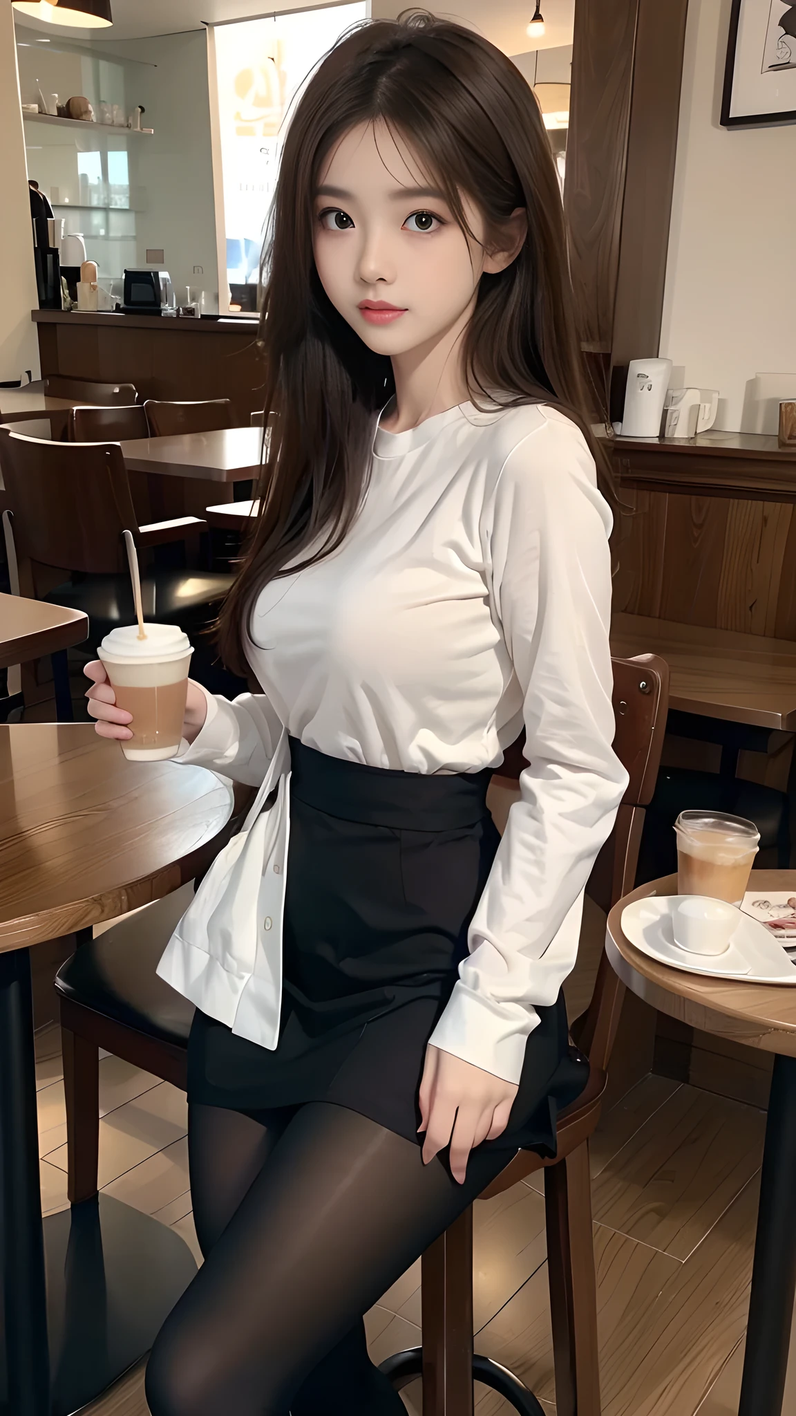 ulzzang-6500-v1.1, (RAW photo: 1.2), (Real photo), (Real photo: 1.4), 1 girl、Perfect anatomy、20 years old、Looking at the camera、Medium length hair、dress, drinking coffee, ((in a cafe: 1.1))、(Hyperrealistic tights: 1.2), (Business service)、Asian eyes Ella,