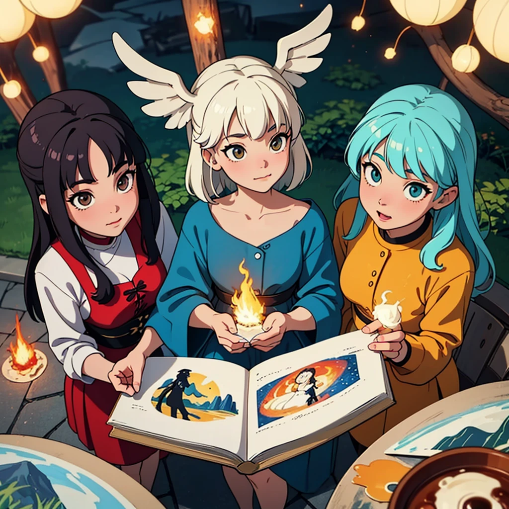 2D stylized image of artists at a park, reading, writing, painting, creating sculptures, friends, fun, inspirational, masterpiece, seen from above, many diverse people, different races and styles, fantastical looking, bird eye view, playing with fire, starry night, magical, making art, painting together, canvases,