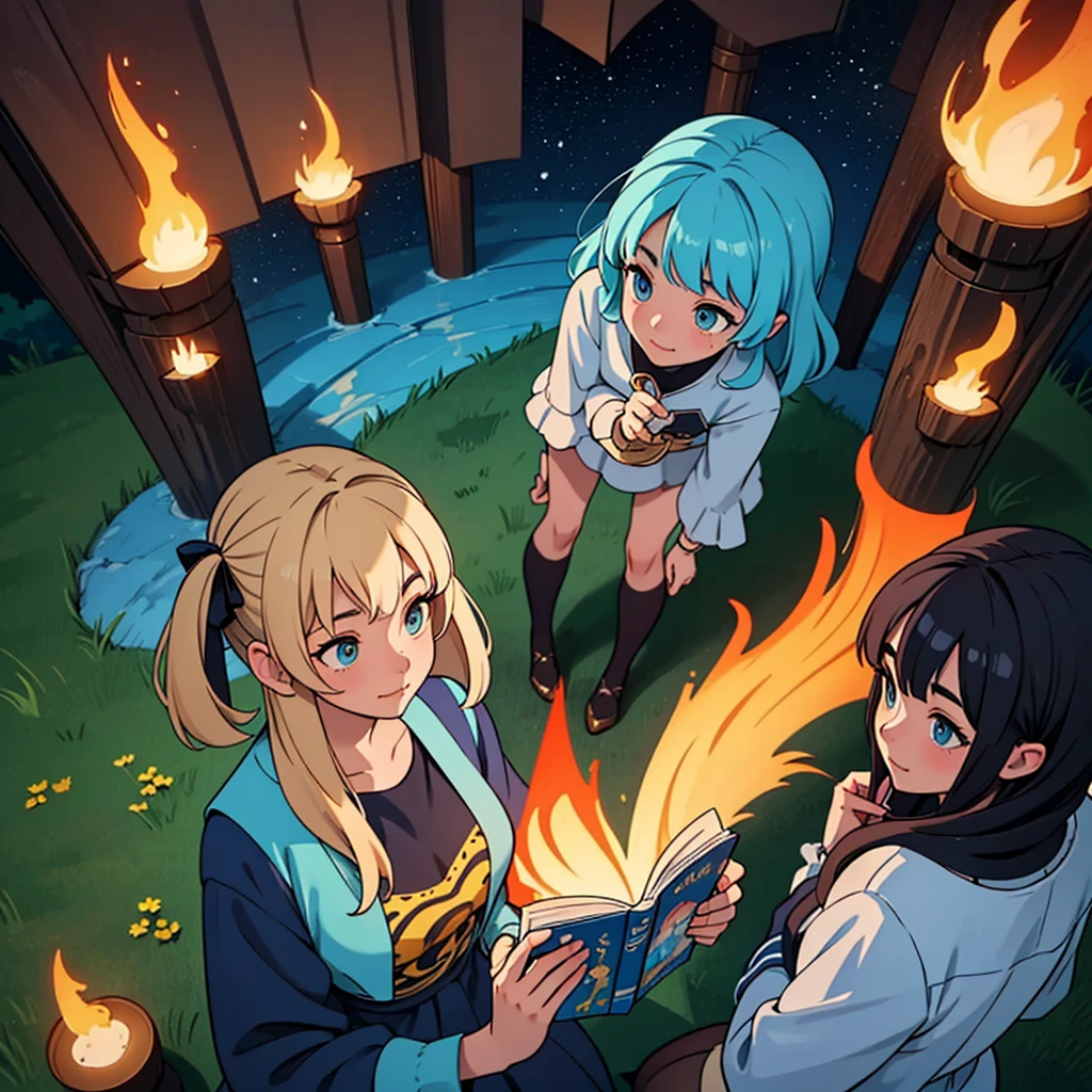 2D stylized image of artists at a park, reading, writing, painting, creating sculptures, friends, fun, inspirational, masterpiece, seen from above, many diverse people, different races and styles, fantastical looking, bird eye view, playing with fire, starry night, magical, making art, painting together, canvases, 