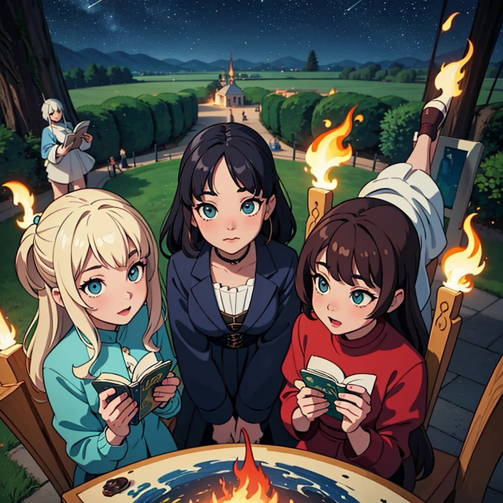 2D stylized image of artists at a park, reading, writing, painting, creating sculptures, friends, fun, inspirational, masterpiece, seen from above, many diverse people, different races and styles, fantastical looking, bird eye view, playing with fire, starry night, magical, making art, painting together, canvases,