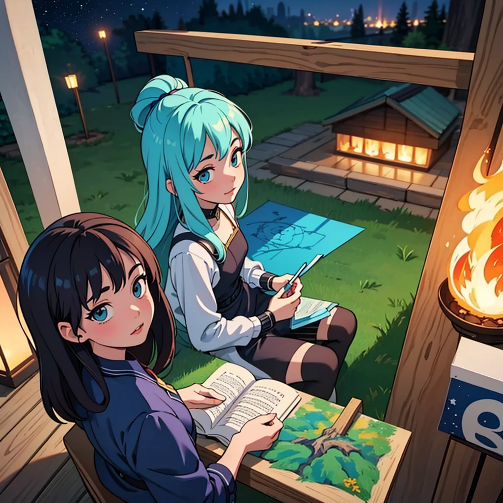 2D stylized image of artists at a park, reading, writing, painting, creating sculptures, friends, fun, inspirational, masterpiece, seen from above, many diverse people, different races and styles, fantastical looking, bird eye view, playing with fire, starry night, magical, making art, painting together, canvases,