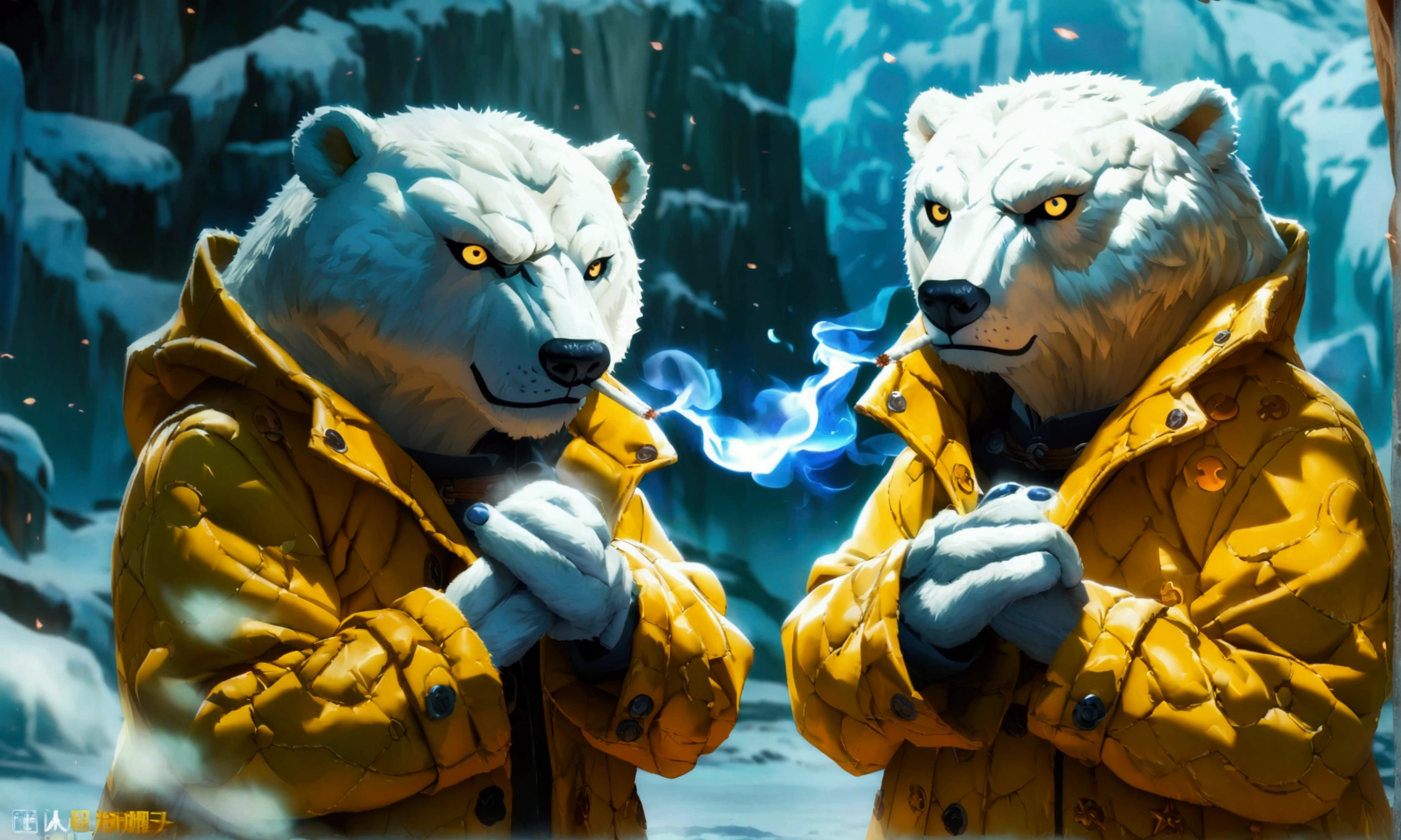 Polar bear, dark blue eyes, yellow oversized coat with polar bear symbol, hands in coat pockets, smoking a cigarette, angry expression, snowy background, "Anime character design inspired by One Piece, full of dramatic and impressive lighting, focus on the centralized character, impressive face, full of creative details, 4K ultra-fine design, scenery bathed in creativity, boasting 2D anime resolution clarity, HD anime graphics, high-octane rendering"