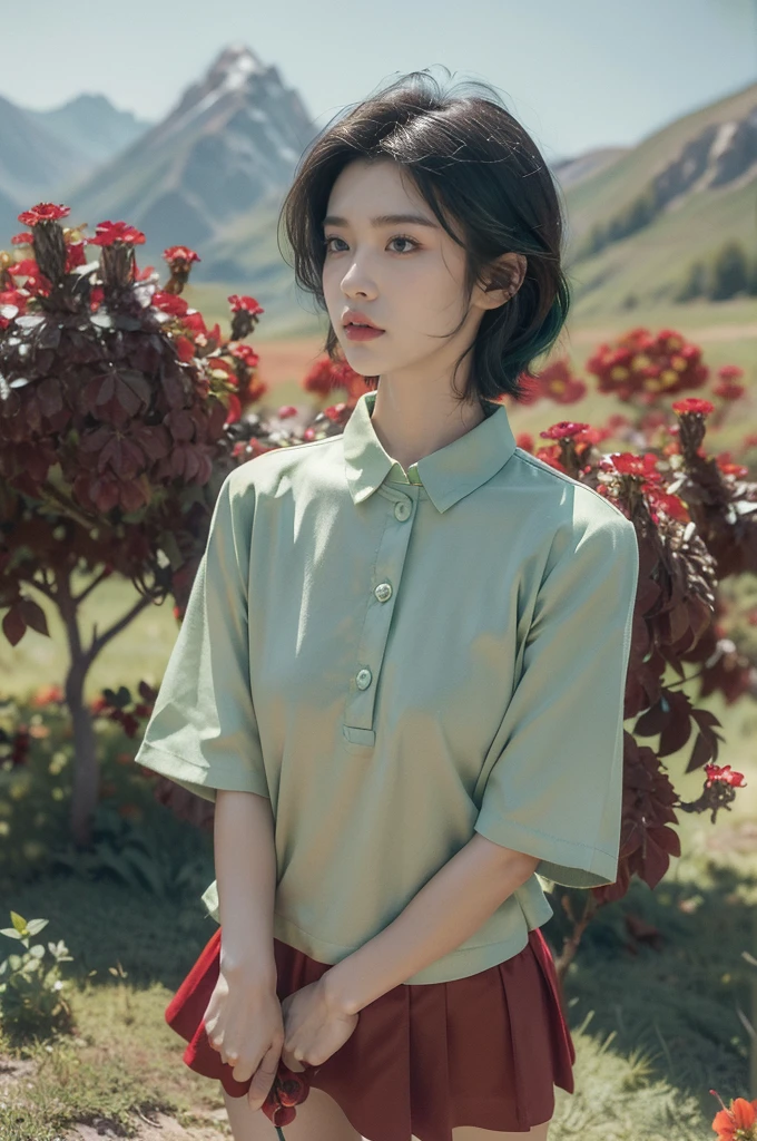 (((best quality))),(((ultra detailed))),(((masterpiece))),illustration,((1 beautiful girl,tomboy,solo)),(short black hair:1.3),((slim,thin)),((small breasts,thin)), vigorous, confident, (light green collared short-sleeved shirt:1.3), (dark green mini skirt:1.2),(slender legs:1.2),(standing:1.3),simplicity, robustness, strong features, (Abandoned Gobi Scene:1.3),(Rock surface:1.2),glowing eyes, rebellious, sensible, (mountainous landscape:1.3), (beside a vibrant red flower:1.3),elegance, unyielding spirit, youthful beauty, strength, resilience, adversity, challenges,((from front,upper body))