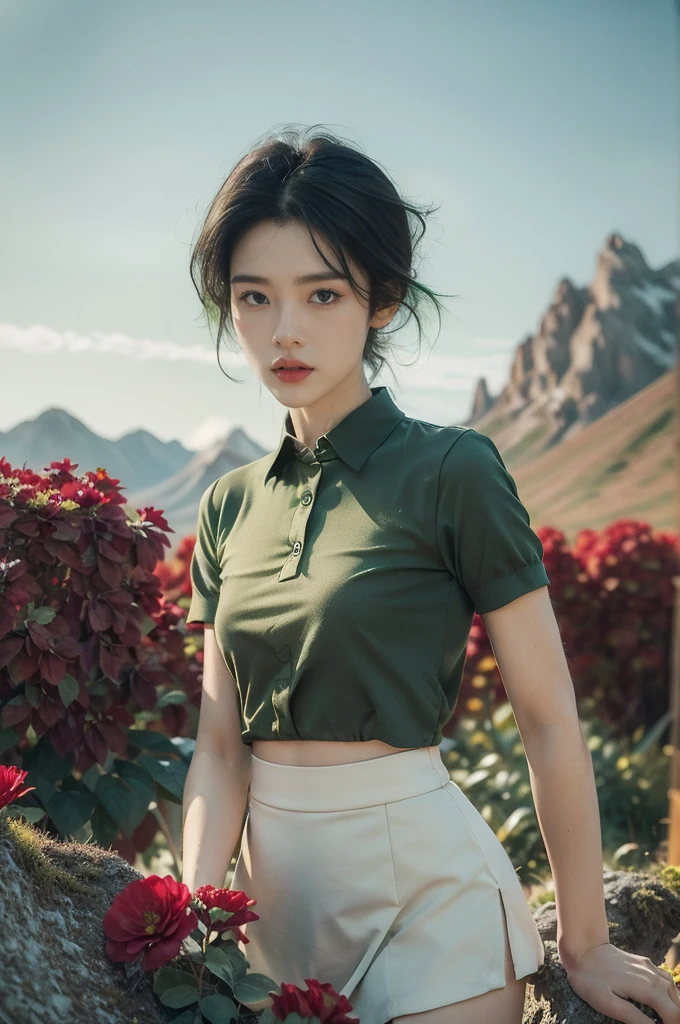 (((best quality))),(((ultra detailed))),(((masterpiece))),illustration,((1 beautiful girl,tomboy,solo)),(short black hair:1.3),((slim,thin)),((small breasts,thin)), vigorous, confident, (light green collared short-sleeved shirt:1.3), (dark green mini skirt:1.2),(slender legs:1.2),(standing:1.3),simplicity, robustness, strong features, (Abandoned Gobi Scene:1.3),(Rock surface:1.2),glowing eyes, rebellious, sensible, (mountainous landscape:1.3), (beside a vibrant red flower:1.3),elegance, unyielding spirit, youthful beauty, strength, resilience, adversity, challenges,((from front,upper body))
