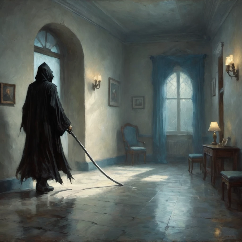 (best quality,4k,8k,highres,masterpiece:1.2),ultra-detailed,(realistic,photorealistic,photo-realistic:1.37),a black grim reaper,with detailed and flowing black robes,cloaked in shadows,walks unnoticed through a busy hospital. The grim reaper is extremely tall with a skeletal frame, holding a long and sleek scythe. The reaper's face is hidden beneath a black hood, but there is a sense of darkness and mystery emanating from its presence. The hospital is bustling with activity, nurses and doctors hurrying around attending to patients. The setting is dimly lit with flickering fluorescent lights, casting eerie shadows on the walls. The air feels heavy with a sense of anticipation and fear. The grim reaper moves silently through the hallways, invisible to the living, but there is an unspoken understanding that its purpose is to guide souls to the afterlife. The scene is tinged with blue hues, giving it a somber and chilling atmosphere. The only sound that can be heard is the faint whisper of the reaper's robes, and the occasional beep from medical devices. This artwork is a fusion of horror and realism, capturing the essence of life and death in a hauntingly beautiful way.