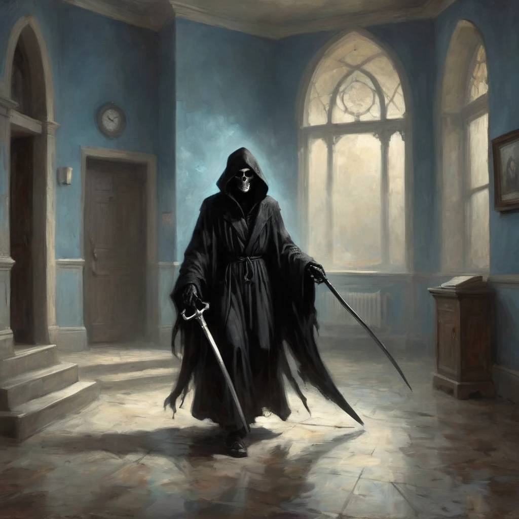 (best quality,4k,8k,highres,masterpiece:1.2),ultra-detailed,(realistic,photorealistic,photo-realistic:1.37),a black grim reaper,with detailed and flowing black robes,cloaked in shadows,walks unnoticed through a busy hospital. The grim reaper is extremely tall with a skeletal frame, holding a long and sleek scythe. The reaper's face is hidden beneath a black hood, but there is a sense of darkness and mystery emanating from its presence. The hospital is bustling with activity, nurses and doctors hurrying around attending to patients. The setting is dimly lit with flickering fluorescent lights, casting eerie shadows on the walls. The air feels heavy with a sense of anticipation and fear. The grim reaper moves silently through the hallways, invisible to the living, but there is an unspoken understanding that its purpose is to guide souls to the afterlife. The scene is tinged with blue hues, giving it a somber and chilling atmosphere. The only sound that can be heard is the faint whisper of the reaper's robes, and the occasional beep from medical devices. This artwork is a fusion of horror and realism, capturing the essence of life and death in a hauntingly beautiful way.